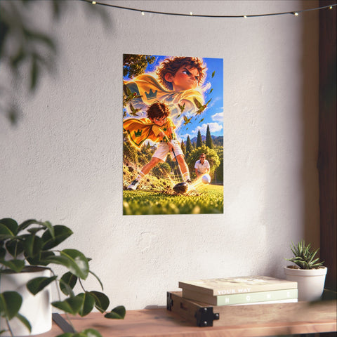 Super Golfers poster “The Bomber’s Superpower: The Drive” hanging on the wall