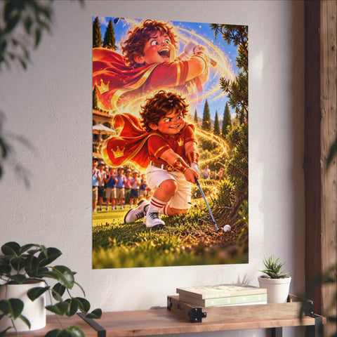 Super Golfers poster “The Wizard’s Superpower: Magic” hanging on the wall
