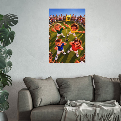 Super Golfers poster “The Team at the 18th Hole” hanging on the wall