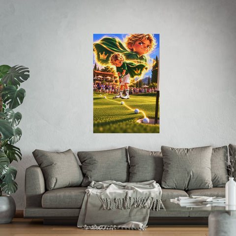 Super Golfers poster “No Name’s Superpower: The Putt” hanging on the wall