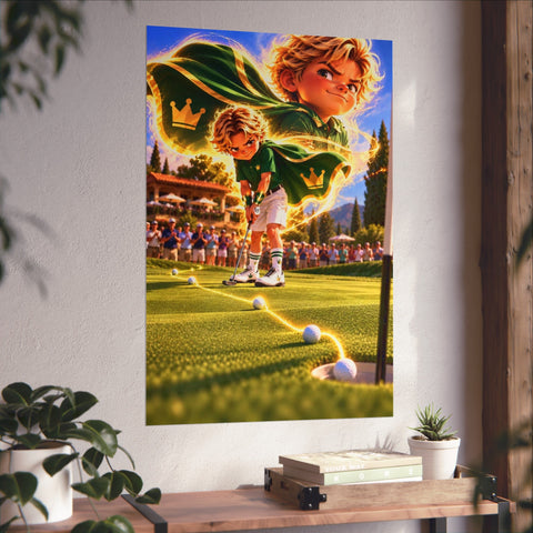 Super Golfers poster “No Name’s Superpower: The Putt” hanging on the wall