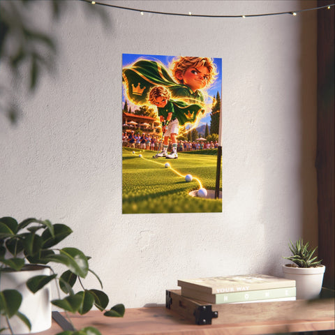 Super Golfers poster “No Name’s Superpower: The Putt” hanging on the wall