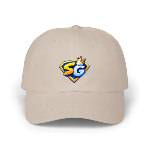 Super Golfers SG Crest cap in stone – front view with the print