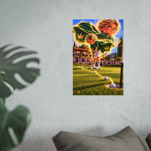 Super Golfers poster “No Name’s Superpower: The Putt” hanging on the wall