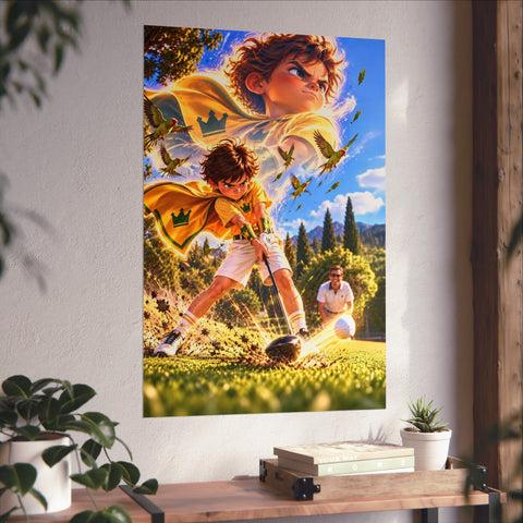 Super Golfers poster “The Bomber’s Superpower: The Drive” hanging on the wall