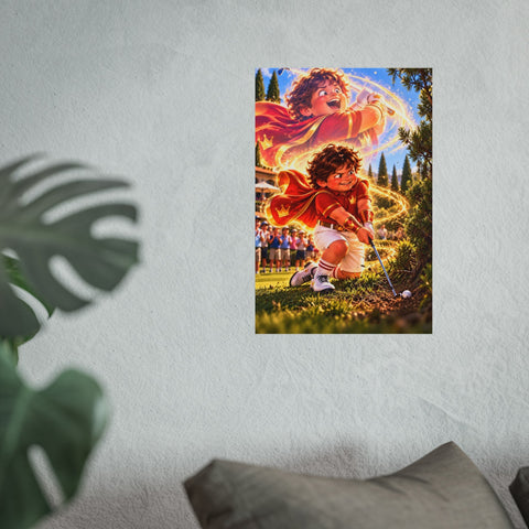 Super Golfers poster “The Wizard’s Superpower: Magic” hanging on the wall