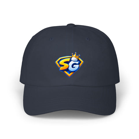 Super Golfers SG Crest cap in navy – front view with the print