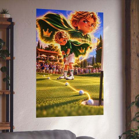 Super Golfers poster “No Name’s Superpower: The Putt” hanging on the wall