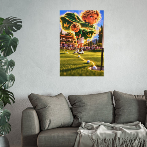 Super Golfers poster “No Name’s Superpower: The Putt” hanging on the wall