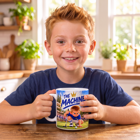 Kid holding The Machine mug