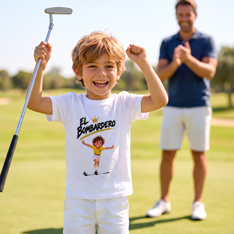 Niño celebrando un birdie con la camiseta El Bombardero