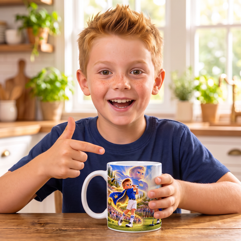 Kid pointing at The Machine mug in the kitchen