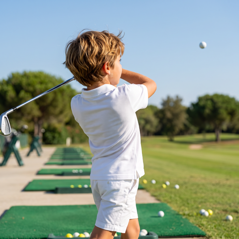 Niño haciendo un swing con el polo de Supergolfistas
