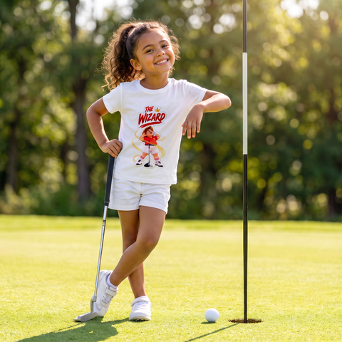 Girl on the golf course in The Wizard T-shirt