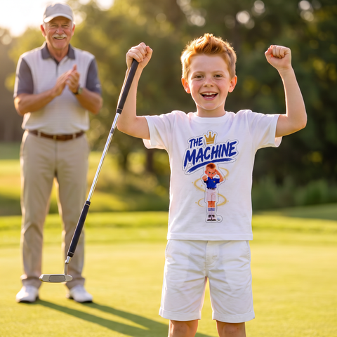 Kid celebrating a birdie in The Machine T-shirt