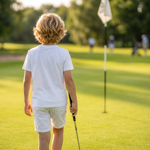 Kid walking to the flag in the Super Golfers T-shirt
