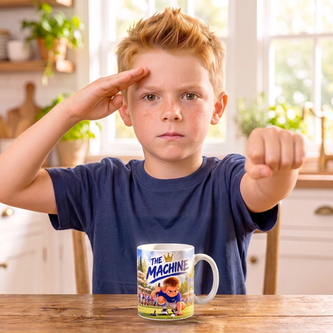 Kid copying The Machine's celebration next to the mug