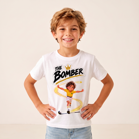Kid wearing the Super Golfers The Bomber kids T-shirt