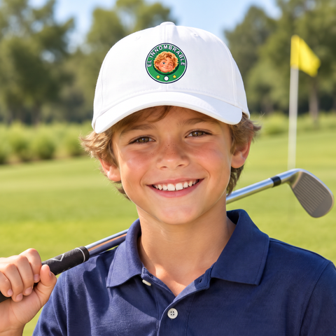 Niño con la gorra El Innombrable de Supergolfistas en el campo de golf