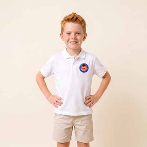 Kid wearing the Super Golfers The Machine kids polo