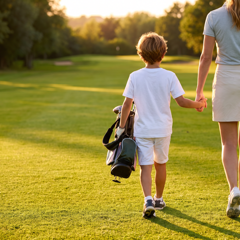 Paseo en familia por el campo de golf con la camiseta de Supergolfistas