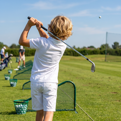 Niño haciendo un swing con el polo de Supergolfistas