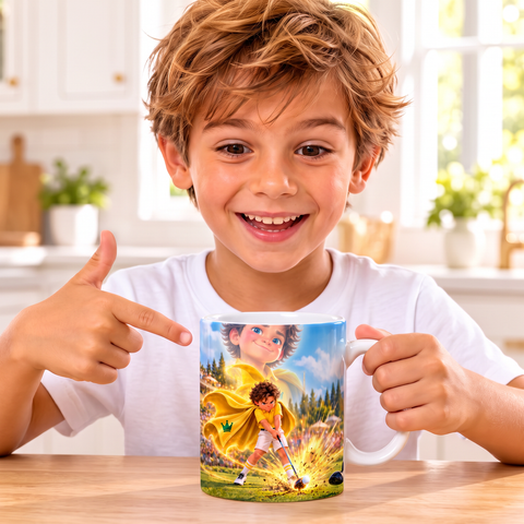 Kid pointing at The Bomber mug in the kitchen