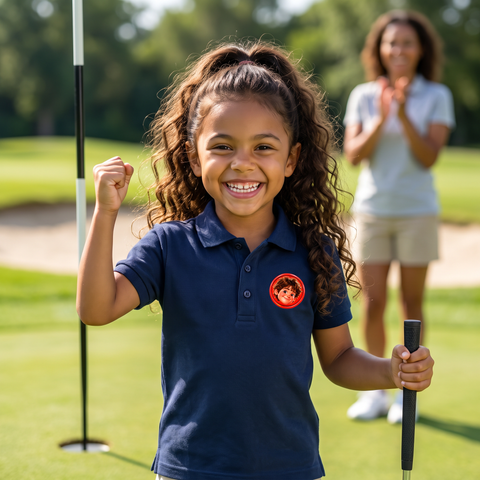 Girl celebrating a birdie in The Wizard polo