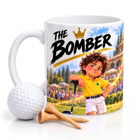 The Bomber mug with golf ball and tees