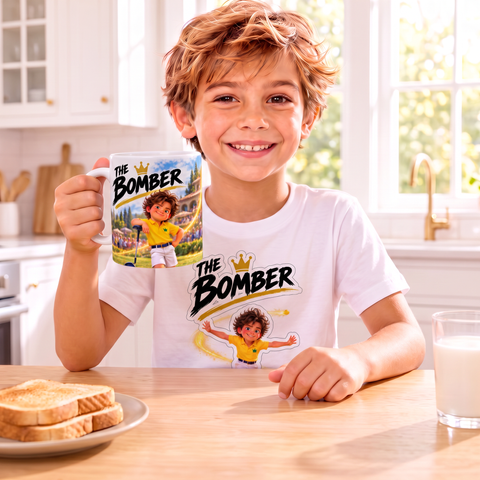 Kid at breakfast with The Bomber T-shirt and mug