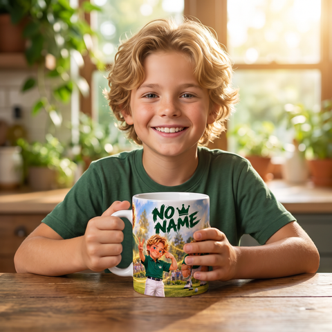 Kid holding the No Name mug