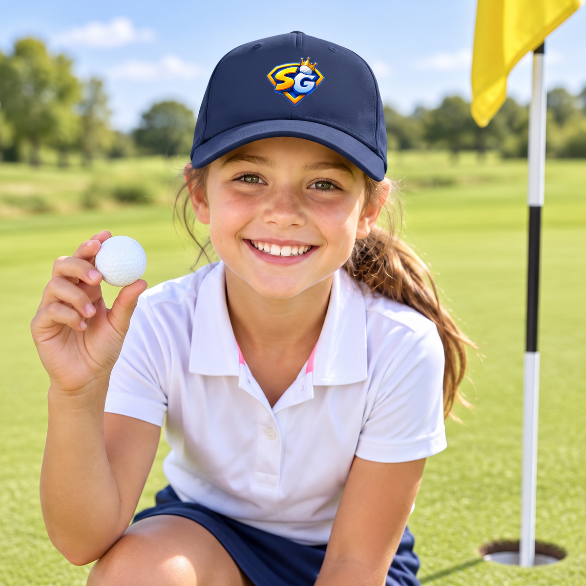 Girl wearing the Super Golfers SG Crest cap on the golf course