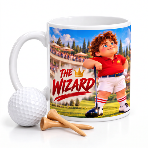 The Wizard mug with golf ball and tees