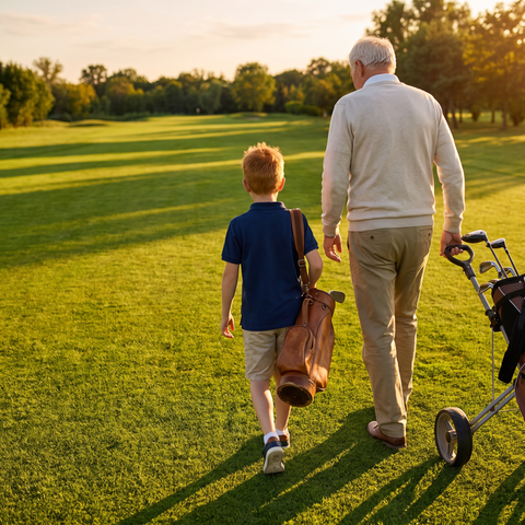 Family walk on the golf course in the Super Golfers polo