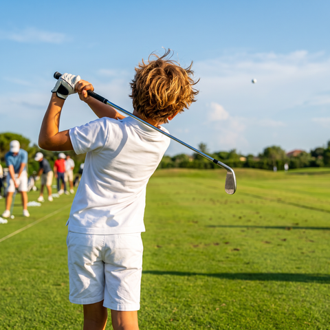 Niño haciendo un swing con el polo de Supergolfistas