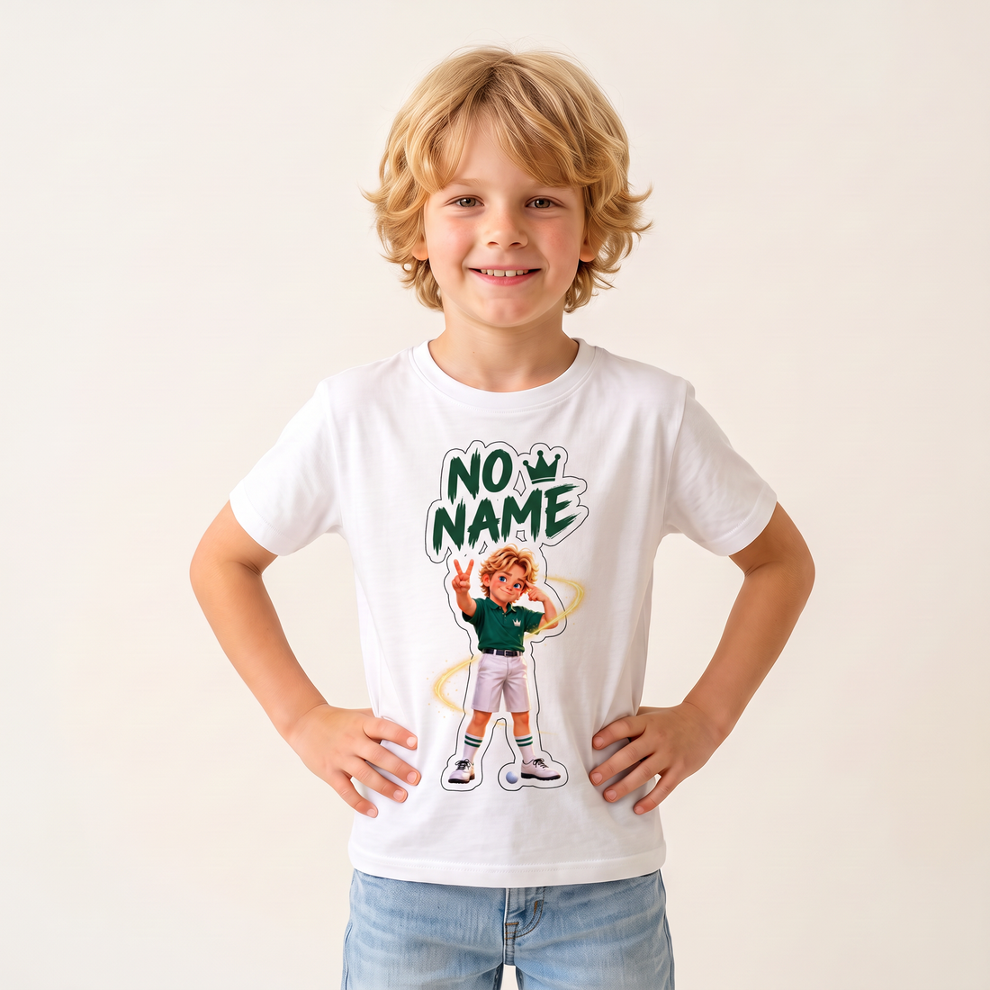 Kid wearing the Super Golfers No Name kids T-shirt