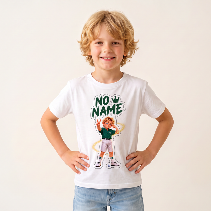 Kid wearing the Super Golfers No Name kids T-shirt