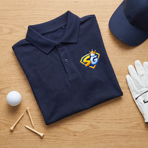 SG Crest polo folded with golf ball, tees and glove