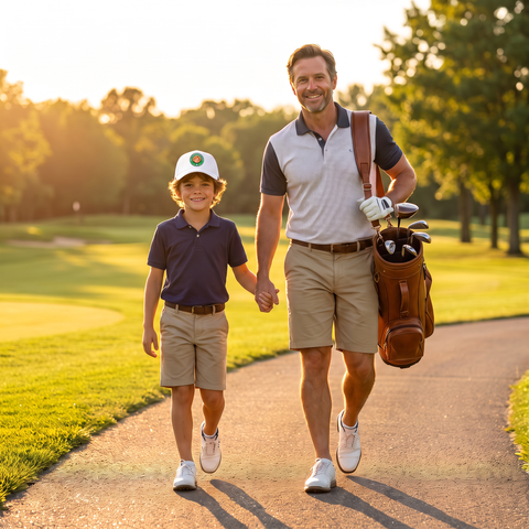 Paseo en familia por el campo de golf con la gorra de Supergolfistas