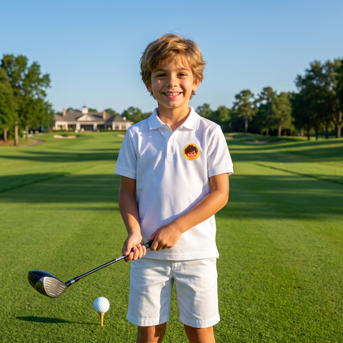Kid on the golf course in The Bomber polo