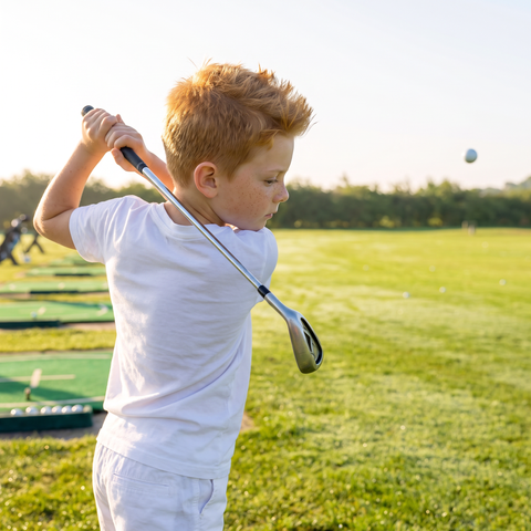 Niño haciendo un swing con la camiseta de Supergolfistas