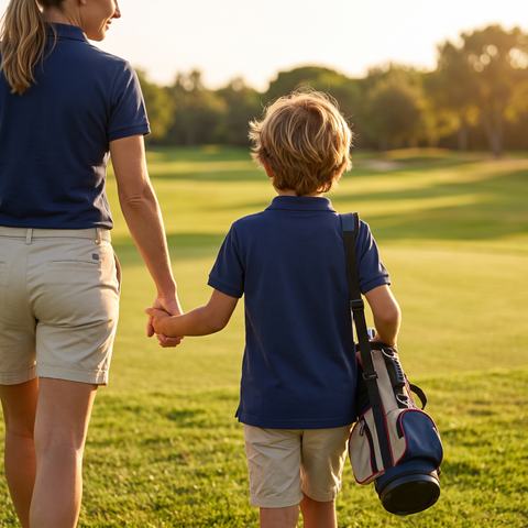 Family walk on the golf course in the Super Golfers polo