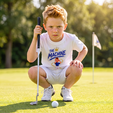 Kid on the golf course in The Machine T-shirt