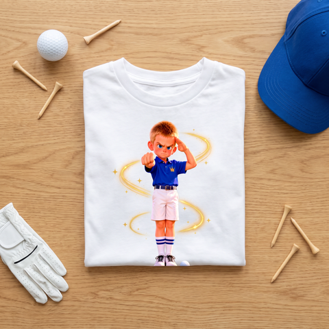 The Machine T-shirt folded with golf ball, tees and glove