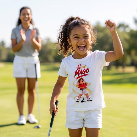 Niña celebrando un birdie con la camiseta El Mago