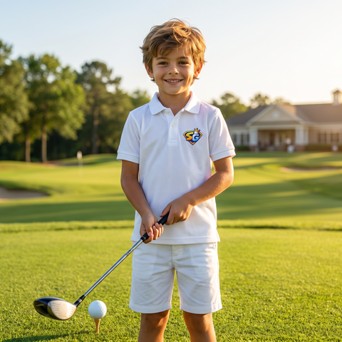 Niño en el campo de golf con el polo Escudo SG