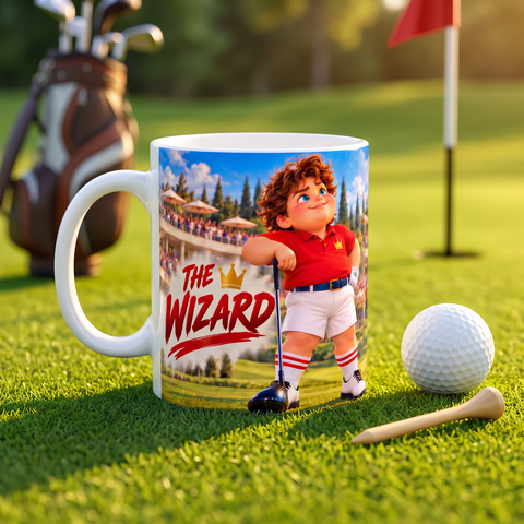The Wizard mug on the putting green