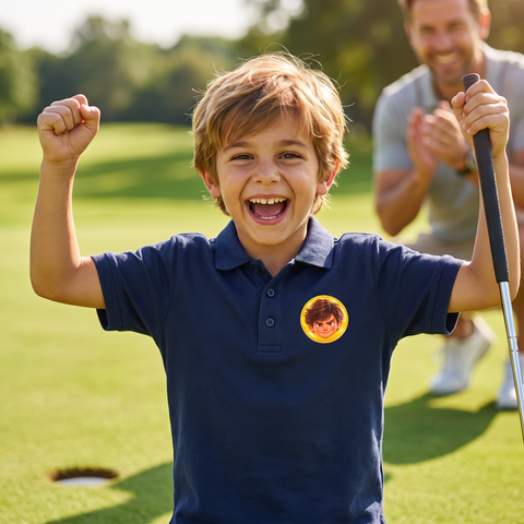 Kid celebrating a birdie in The Bomber polo