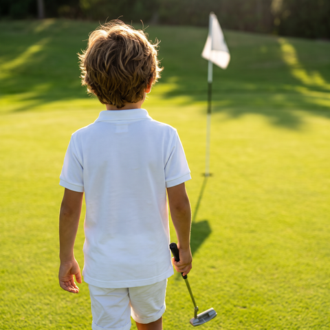 Kid walking to the flag in the Super Golfers polo