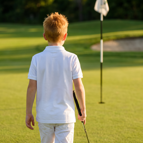 Kid walking to the flag in the Super Golfers polo